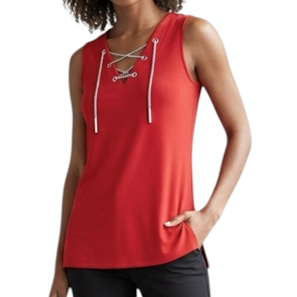 MICHAEL KORS Red Tank Blouse sz S Siver Chain V-neck Business Casual Workwear